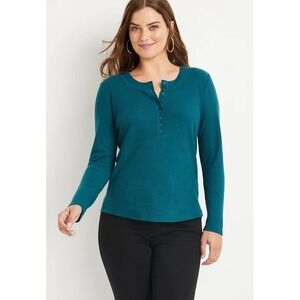 Maurice's Women's Green Solid Waffle Knit Heartland Henley Fleece Tee, NWT 1X #‎